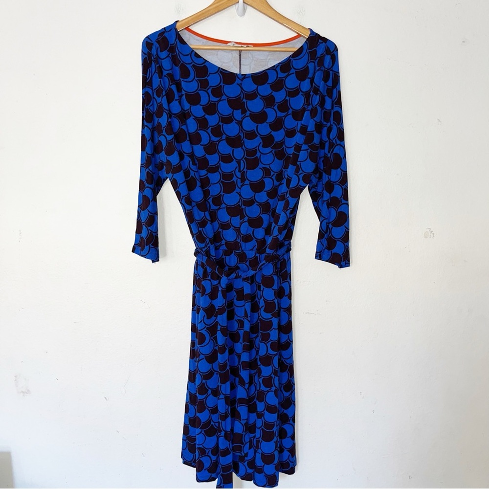Boden Navy Blue Erica Geometric Print Erika Dress Sz 16R Belt Knee Length Jersey